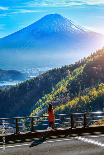 Tourist enjoying fuji mountain in Japan.