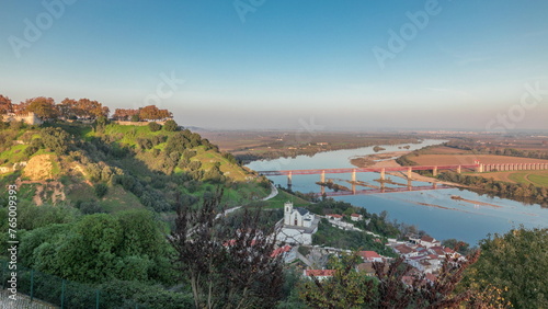 Panorama showing the Castle of Almourol on hill in Santarem aerial timelapse. Portugal