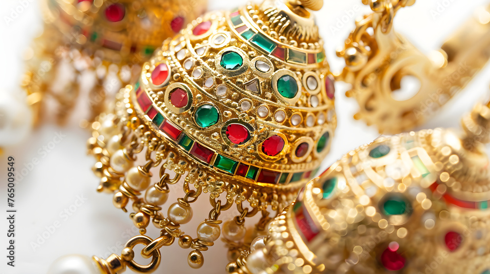 Detailed Close-Up of Traditional Indian Jhumka Earrings with Pearl and Jewel Embellishments