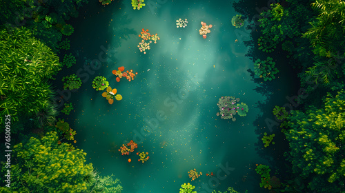 Top view of a tranquil lake with lily pads, ample copy space, no text, no logo, no brand, no letters, Cinematic, serene colors, wallpaper style, master piece, background, photorealistic