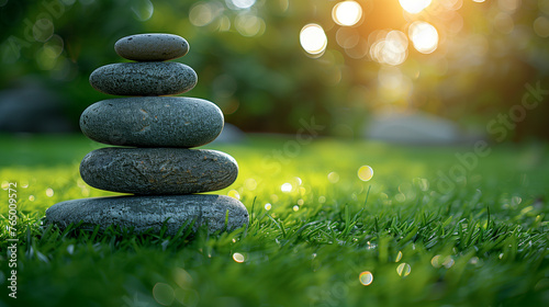Pile of stones on green grass on blurred background, copy space, zen concept, natural bokeh background.