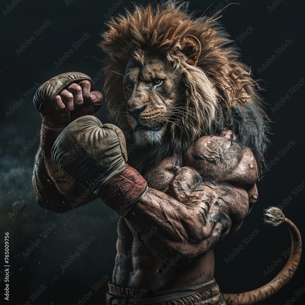 A fierce lion, gloves raised Muay Thai master of the savannah , super realistic