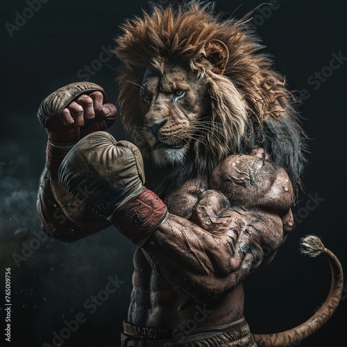 A fierce lion, gloves raised Muay Thai master of the savannah , super realistic
