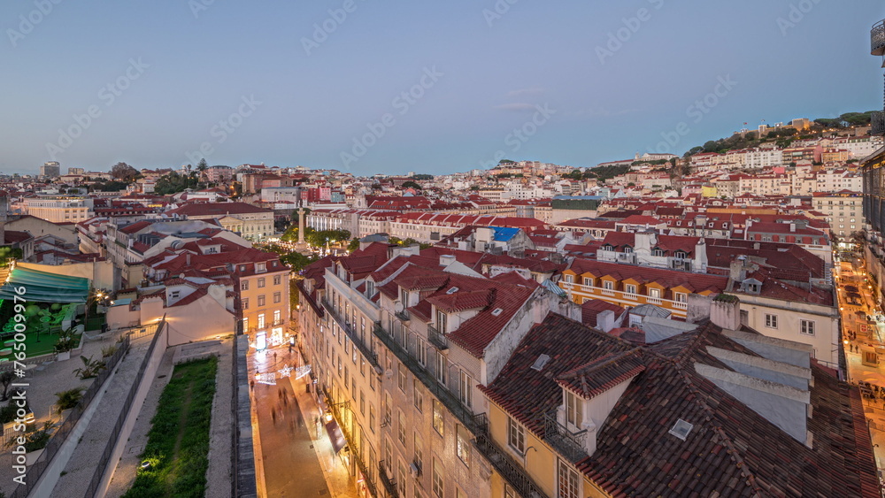 Panorama showing Alfama and Baixa districts of Lisbon aerial day to night timelapse, Portugal
