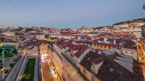 Fototapeta Naklejka Na Ścianę i Meble -  Panorama showing Alfama and Baixa districts of Lisbon aerial day to night timelapse, Portugal