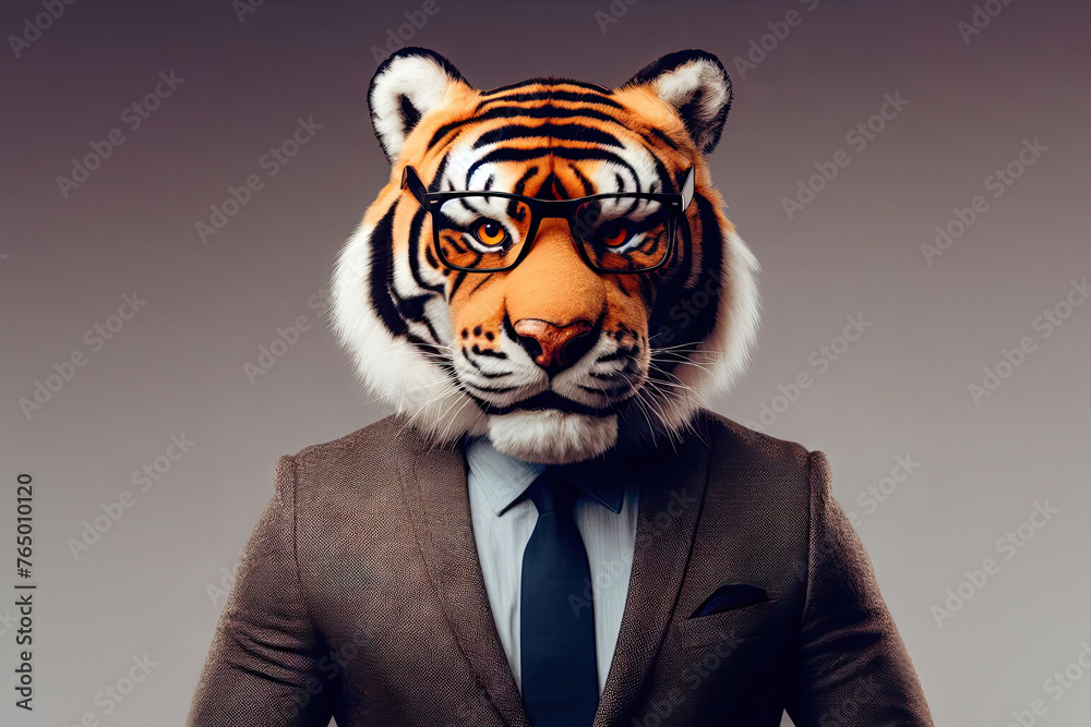 man wearing suit and glasses is wearing tiger mask anthropomorphic - obrazy, fototapety, plakaty 