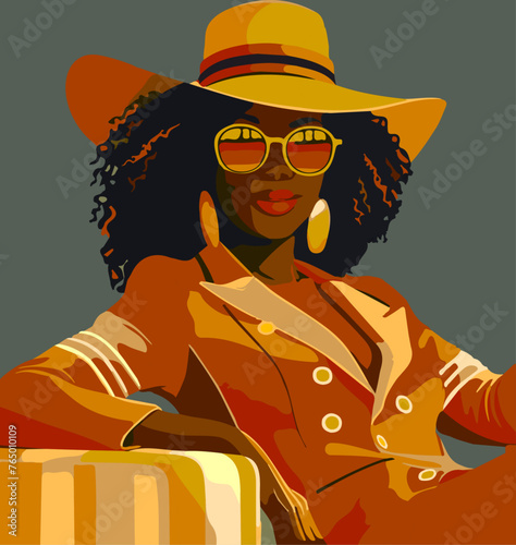 Afro woman on the beach, fashionable woman in a sunhat lounging by the pool, embodying summer luxury background.
