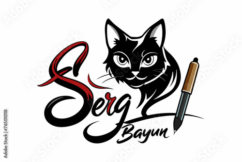 create a logo with a cat and a writing pen with the signature 