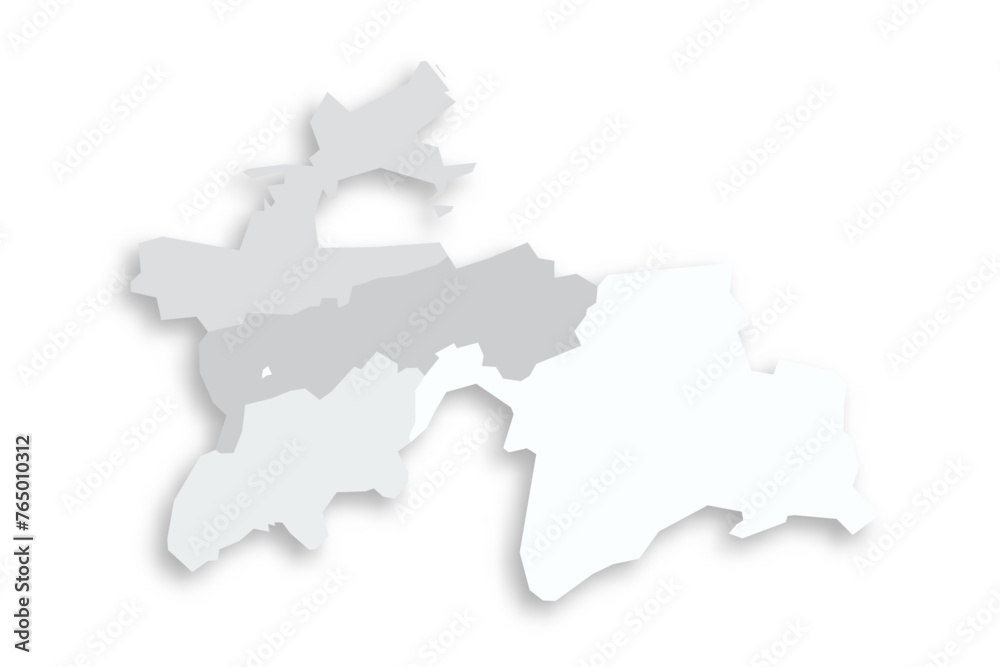 Tajikistan political map of administrative divisions - regions, autonomous region of Gorno-Badakhshan, districts of Republican Subordination and capital city of Dushanbe. Grey blank flat vector map