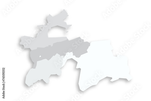 Tajikistan political map of administrative divisions - regions, autonomous region of Gorno-Badakhshan, districts of Republican Subordination and capital city of Dushanbe. Grey blank flat vector map