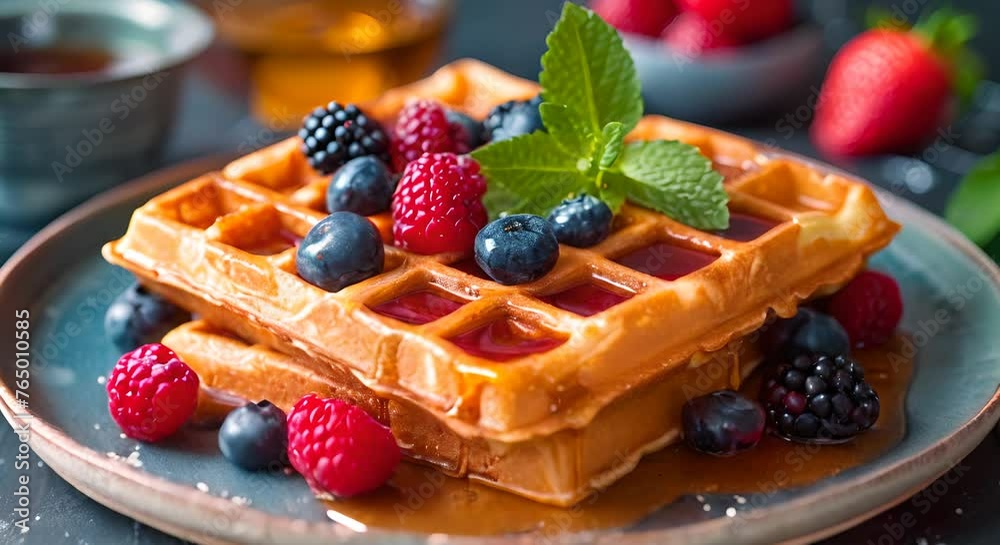 A plate of Belgian waffles with maple syrup and berries on top A plate of Belgian waffles with maple syrup and berries on top