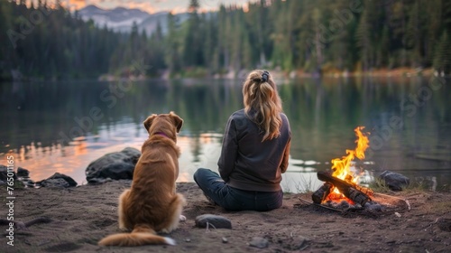 woman in front of a campfire with her dog in front of a lake and a pine forest on a sunset in high resolution and high quality. camping concept