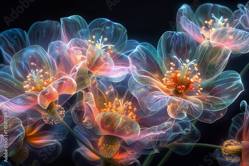 Iridescent flowers glowing with luminescent details on dark backdrop