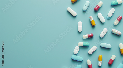 Top down view of pharmaceutical pills. Colourful prescription tablets on a plain background. Copy space for text. Marketing healthcare banner with empty space