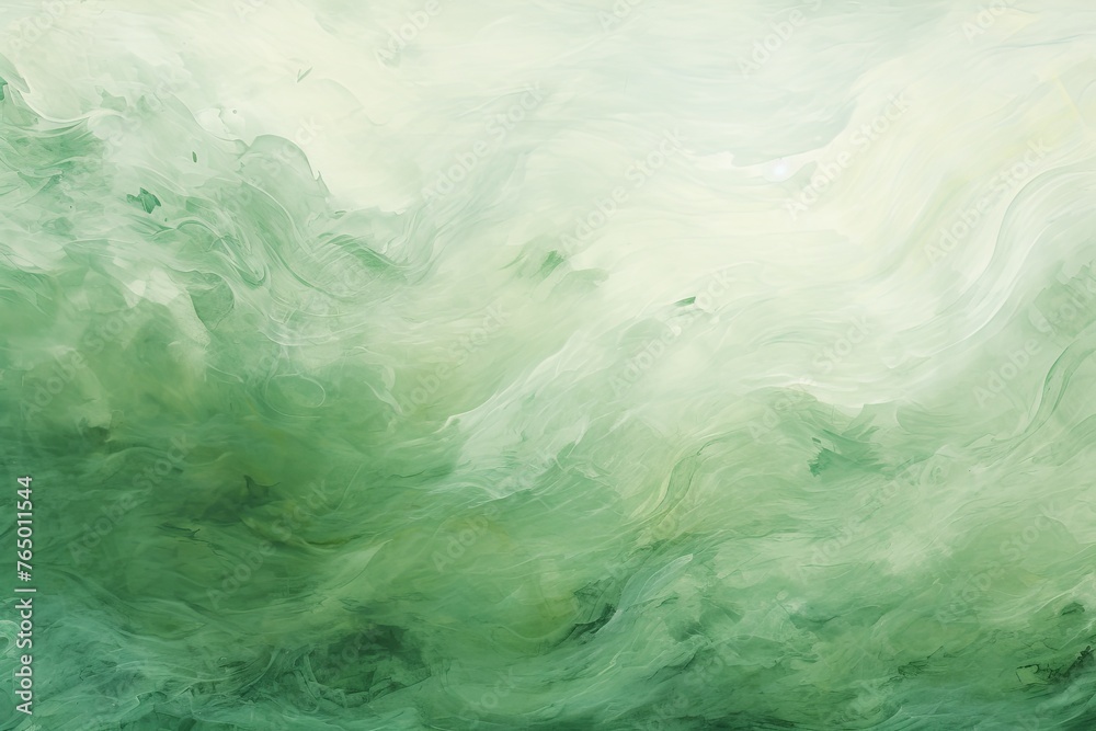 Green and white painting with abstract wave patterns