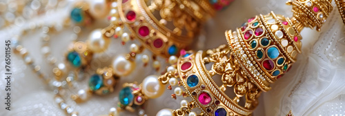 Detailed Close-Up of Traditional Indian Jhumka Earrings with Pearl and Jewel Embellishments
