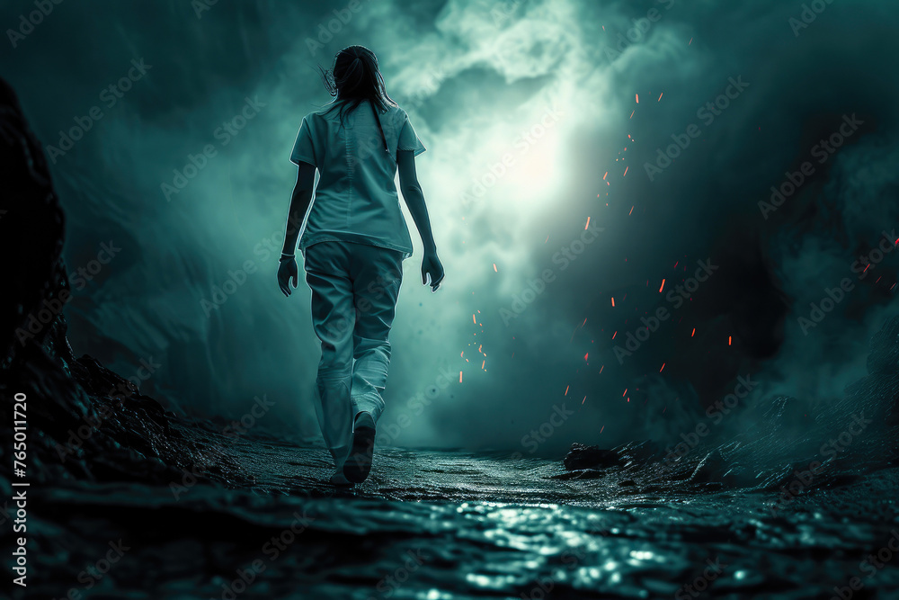 Obraz premium Healing Amidst Darkness: Nurse Confronts Demonic Forces