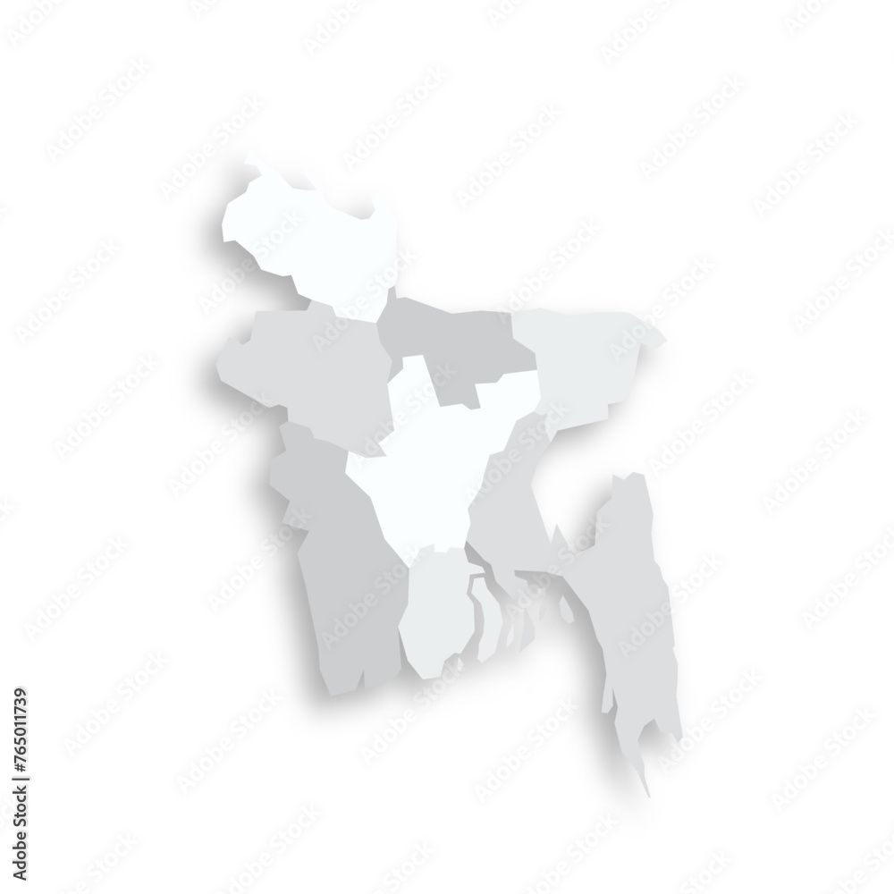 Bangladesh political map of administrative divisions - divisions. Grey blank flat vector map with dropped shadow. Bangladesh political map of administrative divisions - divisions. Grey blank flat vector map with dropped shadow.