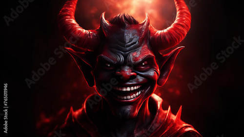 A black devil with red horns smiles slyly. On a dark cinematic background with a ray of light.