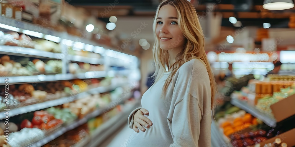 Expectant woman shopping for groceries in a supermarket. Concept Grocery Shopping, Supermarket Scene, Pregnancy, Expectant Mother, Healthy Choices