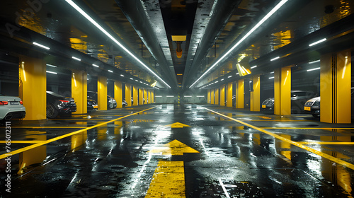 An underground parking garage with yellow and black striped walls and white lights.