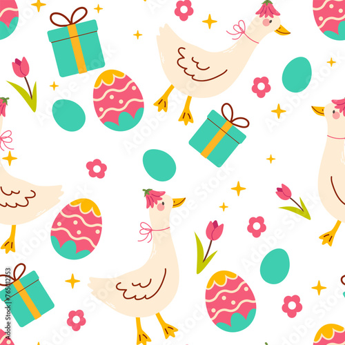 Seamless spring easter pattern with goose, eggs, presents and flowers. Easter seamless pattern, Easter symbol, decorative vector elements. Easter colored simple pattern.
