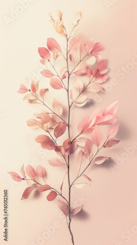 Elegant botanical artwork displaying a branch with delicate pink and beige leaves  arranged artistically on a soft pink background.