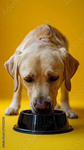  Labrador Retriever Eating in a black feeder made of plastic