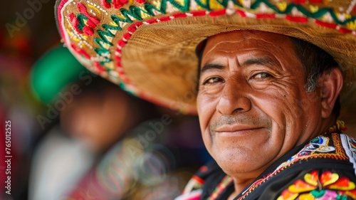 A close-up of a man in a festive Mexican hat, his face reflecting the joy of the Cinco de Mayo celebrations.