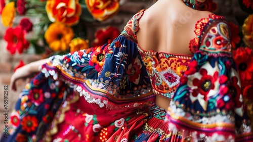 A stunning traditional Mexican dress with bold patterns and vivid colors, complemented by a backdrop of bright flowers for Cinco de Mayo.