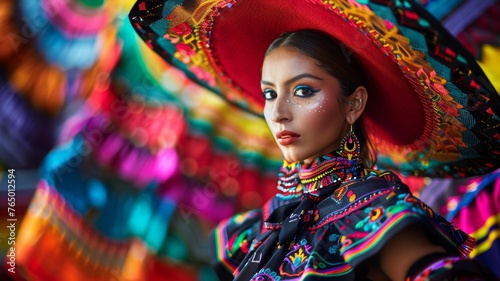 A woman adorned in a traditional and colorful Mexican outfit celebrates Cinco de Mayo with pride and elegance.