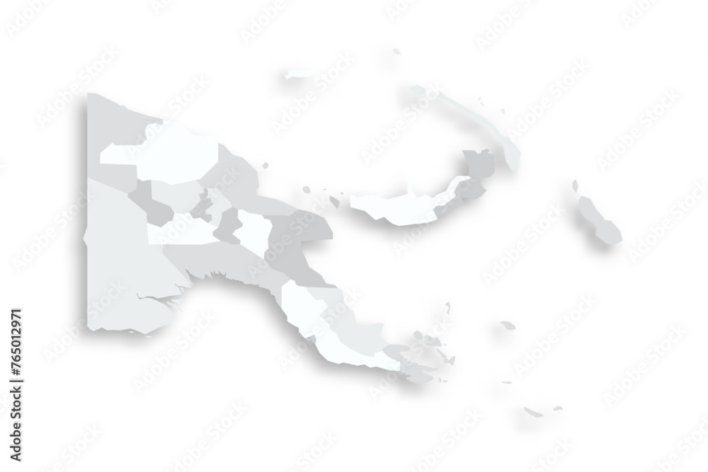 Papua New Guinea political map of administrative divisions - provinces, autonomous region and National Capital District. Grey blank flat vector map with dropped shadow.