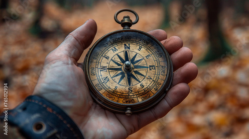 Hand holding a vintage compass photo