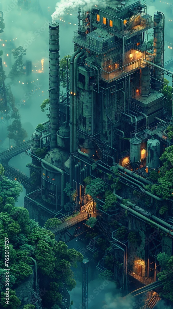 Abandoned fossil fuel plant overtaken by nature, reclaiming space, dawn light,Isometric Art