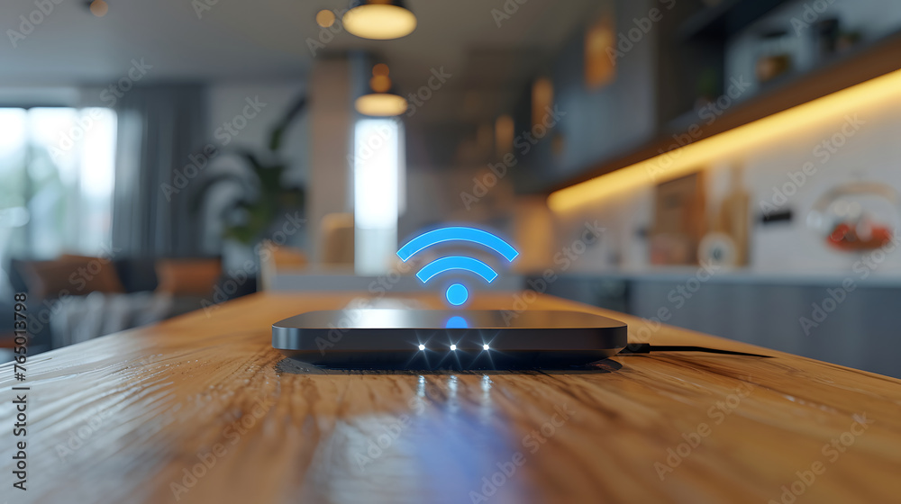 Fototapeta premium A Wi-Fi router is mounted on a wall next to a counter.