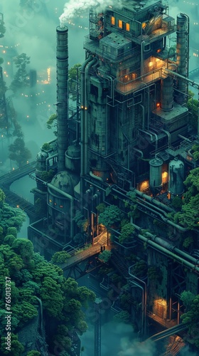 Abandoned fossil fuel plant overtaken by nature, reclaiming space, dawn light,Isometric Art