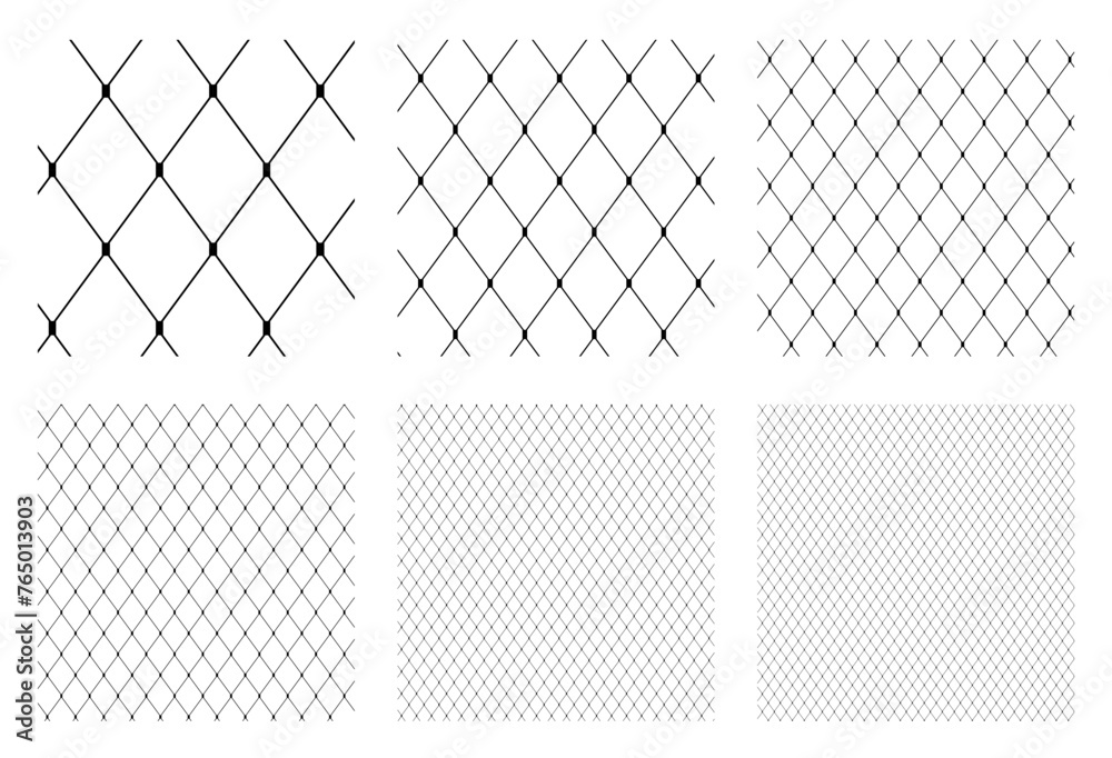 Set of Fishnet seamless pattern lace for Tights Pantyhose. Uniform mesh print for Fashion accessory clothing technical illustration. Vector Black lines flat sketch outline isolated on white background - obrazy, fototapety, plakaty 