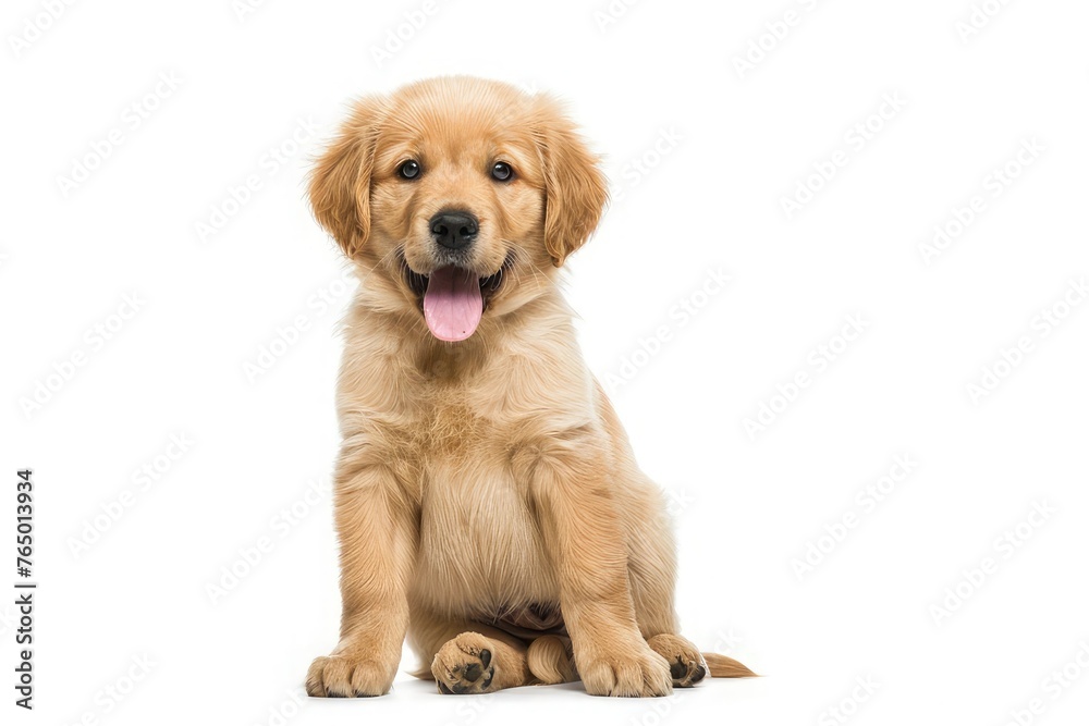 A portrait of a cute Golden Retriever dog sitting on the floor, isolated on white background