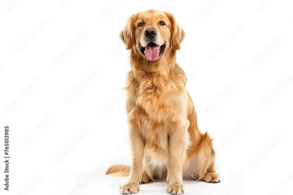 A portrait of a cute Golden Retriever dog sitting on the floor, isolated on white background