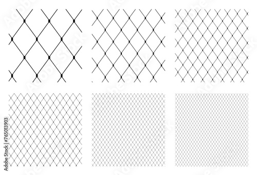 Set of Fishnet seamless pattern lace for Tights Pantyhose. Uniform mesh print for Fashion accessory clothing technical illustration. Vector Black lines flat sketch outline isolated on white background