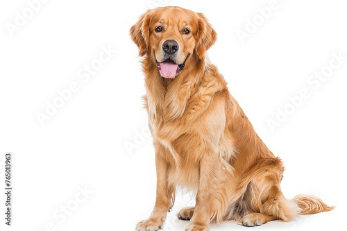 A portrait of a cute Golden Retriever dog sitting on the floor, isolated on white background