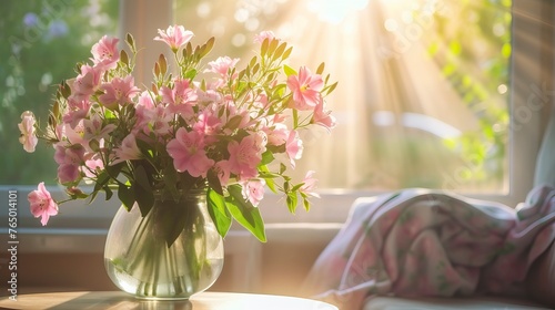 Spring flowers bouquet in vase on table in living room with morning sun ligh