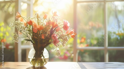Spring flowers bouquet in vase on table in living room with morning sun ligh photo