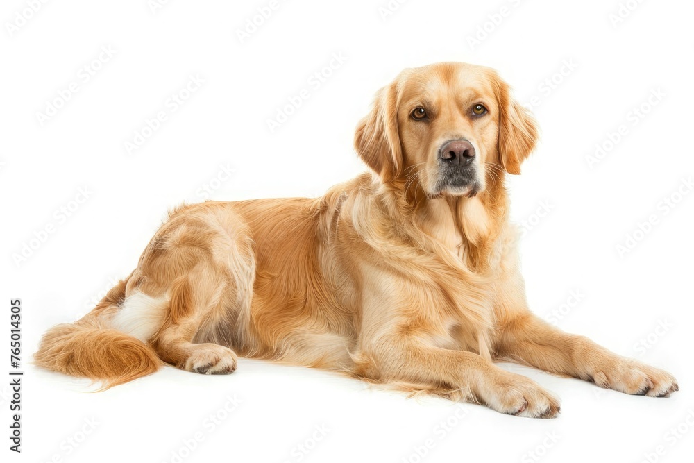 Fototapeta premium Golden retriever laying over white background