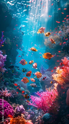 Marine life affected by industrial pollution, underwater scene, vivid colors,Neon Art