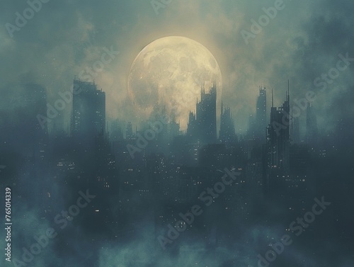 Moonlit city under a dome of smog, surreal, high contrast,Chibi Art
