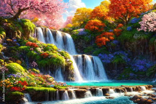 Fantasy waterfall with autumn trees and beautiful flowers, idyllic landscape