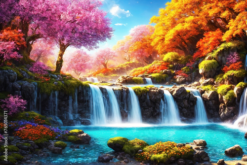 Fantasy waterfall with autumn trees and beautiful flowers, idyllic landscape © Cobalt