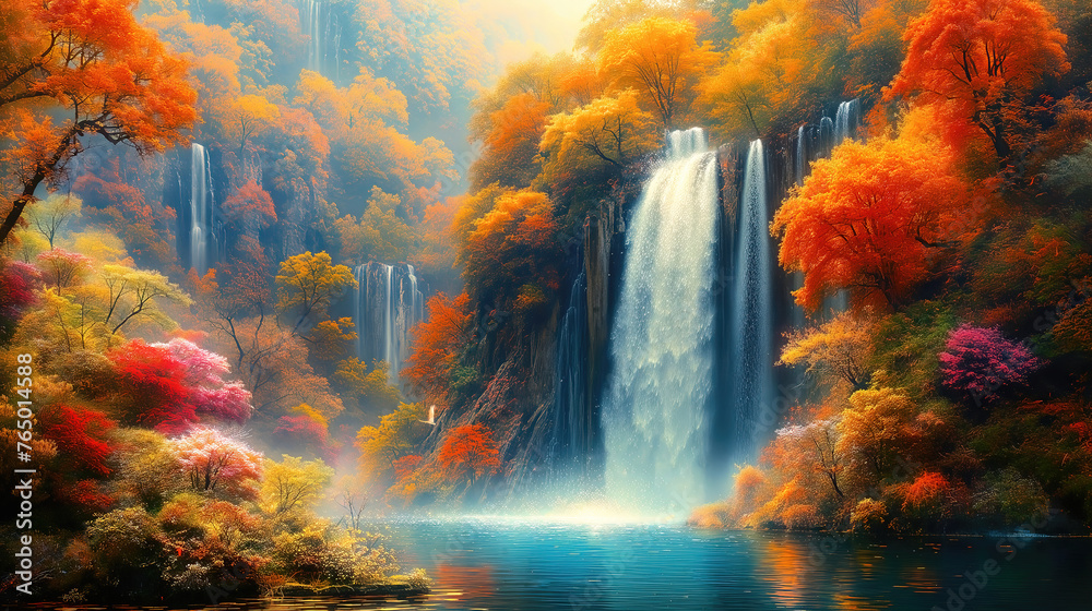 Fantasy waterfall with autumn trees and beautiful flowers, idyllic landscape