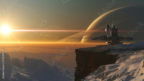 Alien planet landscape with glowing sun and mountains with fantastic rocks fo...